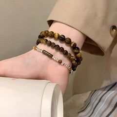 3pcs Vintage Silvery Tiger-Eye Bead Bracelets - Retro Chinese Style for Daily Wear & Energy Balance