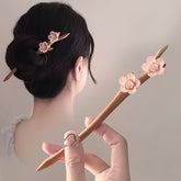 Elegant Vintage Mahogany Blossom Hairpin - Chinese Style Floral Hair Clip with Pink Blossoms & Green Leaves for Weddings & Daily Use