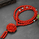 Boho Style Cinnabar Stone Long Necklace with Rose Pendant and Fox Charms for Protection and Positive Energy Flow