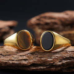 Handmade 18K Gold-Plated 316L Stainless Steel Elliptical Ring with Natural Stones Spiritual Energy & Classic Style