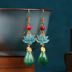 Vintage Tribal Blue Lotus Earrings - 24K Gold Plated Copper with Red Bead & Green Teardrop for Spiritual Harmony & Elegant Wear