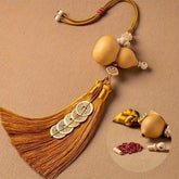 Auspicious Five-Emperor Coin Tassel (Set of 2) — Brass Gourd & Boxwood Lotus Feng-Shui Charm for Wealth Flow, Protection, and Harmonious Energy (13.78")