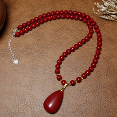 Cinnabar Water Drop Flower Tree Leaf Spirit Fish Pendant Necklace – Vintage Classic Ethnic Style for Everyday & Vacation