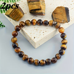2pcs Mens Classic Tiger Eye Bracelet - Natural Stone for Protection & Grounding Energy