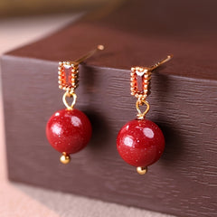 Elegant Vintage Cinnabar Drop Earrings - Purple Golden-Tone for Energy Balance & Daily Elegance