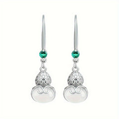 925 Silver Plated Jade Gourd Earrings Spiritual Energy Prosperity Charm for Chinese Vacation & Daily Wear