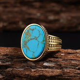Vintage-Inspired 316L Stainless Steel Elliptical Ring with Tiger's Eye & Turquoise | Spiritual Energy & Classic Style