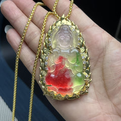 Multi-Color Jade Guanyin Pendant for Spiritual Protection, Compassion, and Inner Peace