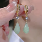 Vintage Jade Drop Earrings - Elegant Green Artificial Jade with Golden Hoop for Casual Wear & Gifting - Harmony & Prosperity Energy