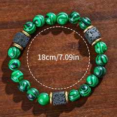 Men's Natural Stone Bead Bracelet — Wealth Attracting Green Malachite & Volcanic Stone Energy Jewelry