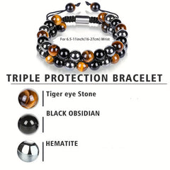 Tiger's Eye, Obsidian & Hematite 8mm Bead Bracelet - Triple Protection for Energy Balance & Spiritual Harmony