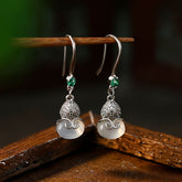925 Silver Plated Jade Gourd Earrings Spiritual Energy Prosperity Charm for Chinese Vacation & Daily Wear