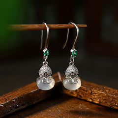 925 Silver Plated Jade Gourd Earrings Spiritual Energy Prosperity Charm for Chinese Vacation & Daily Wear