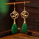 Women's Vintage Chinese Floral Earrings - Green Teardrop Drops & Golden Floral Motif for Everyday Formal Events & Wedding Gifts