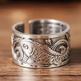 Retro Ethnic Koi Fish Adjustable Ring - Enhance Luck & Wealth with Scripture Engravings