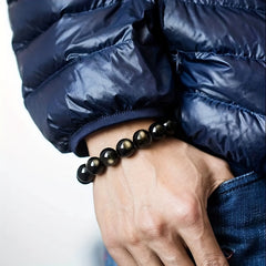 16mm Luxury Golden Obsidian Black Agate Bracelet for Spiritual Protection & Prosperity