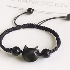 Adjustable Cat Charm Bracelet - Black & Red Beads with Pink Crystal for Harmony Energy