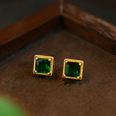 Gold-Plated Square Green Synthetic Stone Stud Earrings - Minimalist Design with Healing Energy