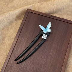 Elegant Wooden Butterfly Hairpin - Vintage U-Shaped Hair Clip with Blue Butterfly & Floral Design for Mind-Body-Spirit Balance