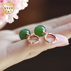 Natural Stone Earrings - 9-10mm Green Round Stones with S925 Silver for Energy Balance & Harmony
