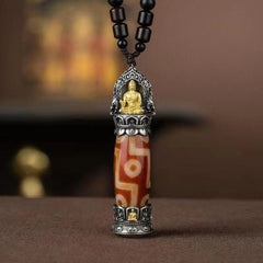 Authentic Tibetan Buddhist Nine-Eye Dzi Bead Pendant - Red & Golden Spiritual Jewelry with Buddhist Mantra