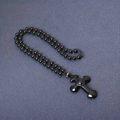 Obsidian Beaded Chain Necklace — Protective Black Cross Pendant for Spiritual Harmony