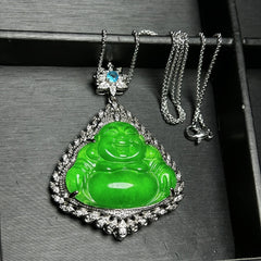 Icy Green Jade Laughing Buddha Pendant for Abundance, Serenity & Spiritual Protection