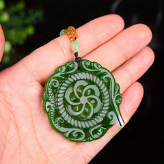 Natural Stone Necklace Pendant - Enhance Your Energy with Antique Dragon & Phoenix Design in Spinach Green