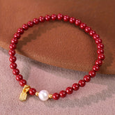 1pc Women's Elegant Chinese Red Bead Bracelet - Traditional Red Agate & Pearl Design for Luck & Protection