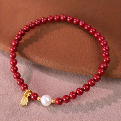 1pc Women's Elegant Chinese Red Bead Bracelet - Traditional Red Agate & Pearl Design for Luck & Protection
