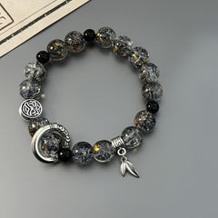 1 Stylish Glass Bead Stretch Bracelet with Pendant - Unisex Black & Gold Design for Casual Wear & Energy Balance
