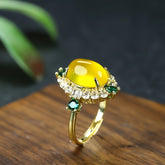 Authentic Yellow Gemstone Prosperity Ring Traditional Auspicious Retro Design for Fortune & Bright Blessings