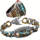 Nine-Eye Dzi Bracelet & Ring Set — Six-Character Mantra Protection & Luck Amulet