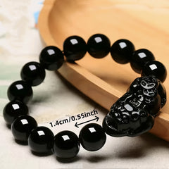 14mm Black Obsidian Bead Bracelet with Black Pixiu - Protection & Energy Talisman