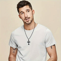 Obsidian Beaded Chain Necklace — Protective Black Cross Pendant for Spiritual Harmony