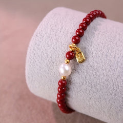 1pc Women's Elegant Chinese Red Bead Bracelet - Traditional Red Agate & Pearl Design for Luck & Protection