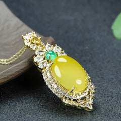 Elegant Retro Oval Chicken Oil Yellow Jade Necklace with Cubic Zirconia - Grounding Energy & Vintage Charm for Casual & Formal Wear