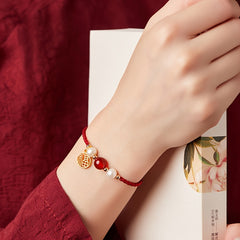 Handmade Woven Bracelet with Lucky Charm - Red Cord & Agate Beads for Good Fortune