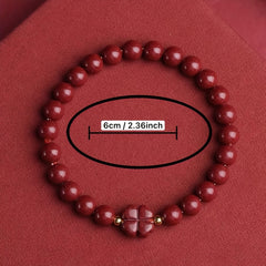 Elegant Four-Leaf Clover Bracelet with Cinnabar Stones - Daily Wear Natural Red Beaded Charm for Good Fortune & Protection