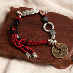 Vintage Chinese Red Rope Energy Bracelet with Feng Shui Coins & Protection Amulet – Wealth, Harmony & Spiritual Balance