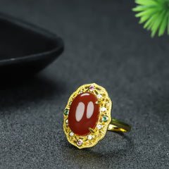 Vintage Palace Style Red Agate Adjustable Ring - Wealth, Flower Symbol & Valentine's Day Gift Jewelry