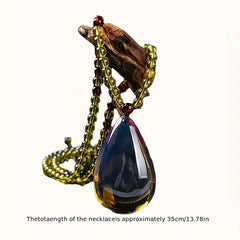Natural Mexican Blue Resin Teardrop Pendant Necklace — Spiritual Harmony, Protection & Elegant Gift