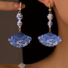 Vintage Blue & White Porcelain Fan Earrings - 925 Silver Posts for Harmony & Casual Elegance