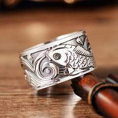 Retro Ethnic Koi Fish Adjustable Ring - Enhance Luck & Wealth with Scripture Engravings