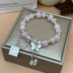 Blessing-Themed Bohemian Beaded Bracelet - Pink & White Resin Beads for Happiness & Creativity
