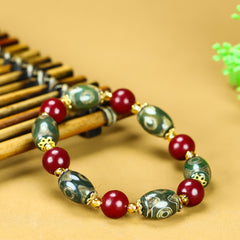 Vintage-Inspired Cinnabar & Tibetan Agate Beaded Bracelet for Men - Grounding, Protection, and Prosperity
