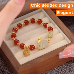 Cute Rabbit Pendant Glass Bracelet - Artificial Agate with Auspicious 'Fu' Charm for Harmony & Prosperity