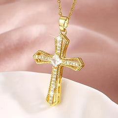 Golden-Tone Cross Pendant Necklace with Synthetic Zirconia - Christian Religious Jewelry for Men, Durable Fashion Gift
