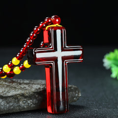 Boho Style Unisex Amber Cross Pendant Necklace - Green Energy for Spiritual Protection & Easter Celebration