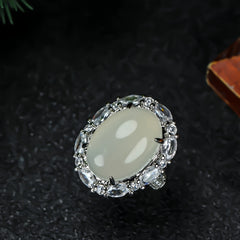 Elegant Vintage Chalcedony Cocktail Ring | Large Oval Gemstone Jewelry for Clarity & Emotional Healing
